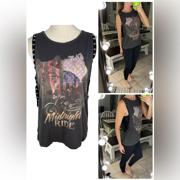 allabouteve. Dark Grey Silver Studded Midnight Rider Trendy Muscle Tank Top - Picture 1 of 7